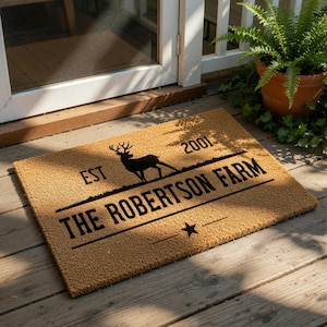Personalized Family Name Doormat, Custom Welcome Mat, Housewarming Gift, New Home Present, Rustic Deer Last Name Entryway Floor Rug