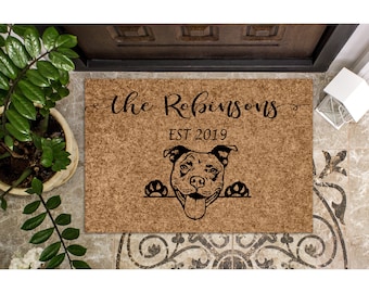 Custom Doormat Pitbull Dog v2 | Personalized Gift Cute Doormat Welcome Mat Housewarming Gift Closing Gift Last Name Door Mat | Pit Bull 1197