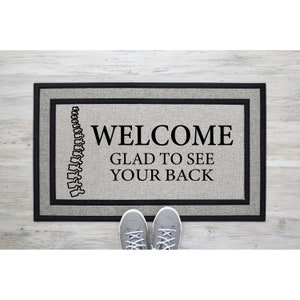Grey Doormat Welcome Glad To See Your Back | Funny Chiropractor Physiotherapy Doormat | Welcome Mat | Funny Door Mat Gift | Business 1658**