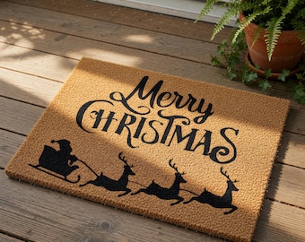 Merry Christmas Doormat, Holiday Welcome Mat, Reindeer Door Mat, Winter Coir Rug, Christmas Gift, Festive Front Porch Decor