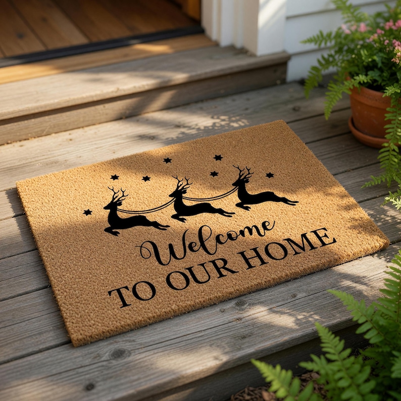 Christmas Reindeer Doormat, Welcome Mat, Holiday Door Mat, Winter Outdoor Decor, Christmas Gift, Funny Doormats, Entryway Rug image 1