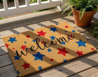 Patriotic Welcome Doormat, USA Welcome Mat, Coir Door Mat, 4th Of July Front Porch Decor, Patriotic Gift, Stars And Stripes Rug