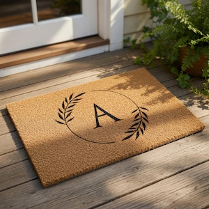 Personalized Monogram Doormat, Custom Initial Welcome Mat, Housewarming Gift, Wedding Gift, Leaf Wreath Door Mat, New Home Decor