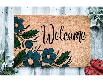 Doormat Blue Floral Welcome Mat Flower Theme Doormat Spring Decor Housewarming Gift Front Door Mat Closing Gift Gift From Realtor 1654**