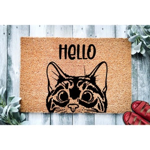 Doormat Tabby Cat Hello Bengal Cat Peeking Doormat Welcome Mat Funny Door Mat Funny Gift Home Doormat Housewarming Gift 1786 image 1