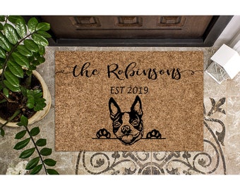 Custom Doormat Boston Terrier Personalized Doormat | Dog Welcome Mat | Housewarming Gift | Last Name Doormat | Closing Gift Dog Mom 1162