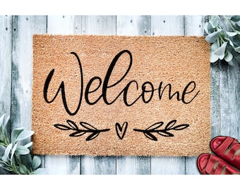 Doormat Welcome  | Plant Heart Cute Rustic Doormat | Spring Decor | Housewarming Gift |  Front Door Mat | Valentine's Day Doormat 1903**