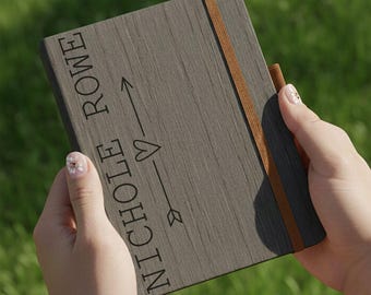 Personalized Wood Grain Leather Journal with Custom Name, Engraved Notebook