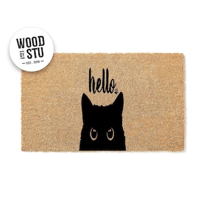 Doormat Black Cat Bombay Hello - Cute Cat Peeking  - Welcome Mat - Funny Door Mat - Funny Gift Home Doormat Housewarming Closing Gift 1415**