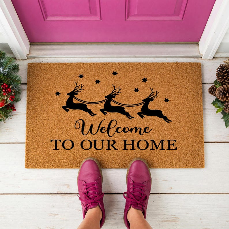Welcome To Our Home Doormat Reindeer Stars Christmas 1528