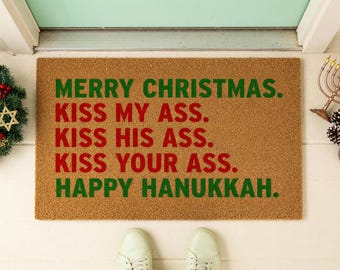 Funny Holiday Movie Quote Doormat - Merry Christmas Happy Hanukkah Greeting