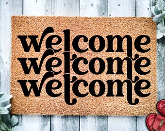 Welcome Stacked Retro Doormat | Triple Welcome Doormat | Retro Style | Housewarming Gift | Front Door Mat | Closing Gift | Gift From Realtor