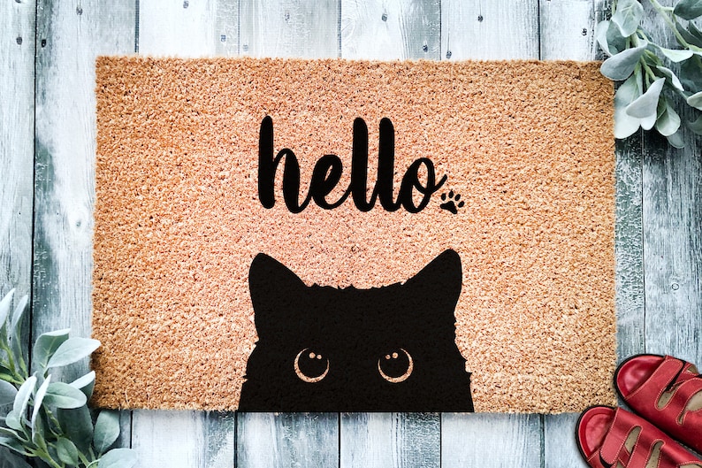 Black Cat Bombay Hello | Cute Cat Peeking Doormat | Welcome Mat | Funny Door Mat | Funny Gift | Home Doormat | Housewarming | Closing Gift 