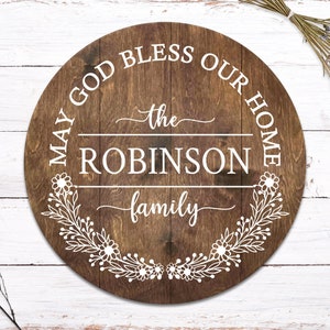 May God Bless Our Home Round Last Name Family Sign - Family Name Sign - Wreath Sign - Personalized Wedding Gift - Wedding Sign 7314