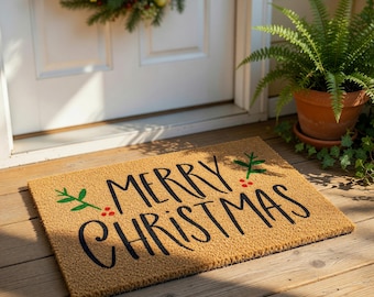 Merry Christmas Doormat, Holiday Welcome Mat, Winter Door Mat, Christmas Gift, Festive Coir Rug, Xmas Porch Decor, Holiday Gift