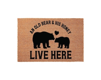 Old Bear and His Welcome Mat, Coir Doormat for Anniversary, Funny Couple Gift
