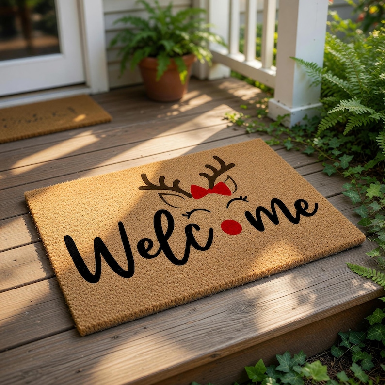 Christmas Reindeer Doormat, Welcome Mat, Holiday Door Mat, Winter Doormat, Christmas Gift, Funny Doormats, Festive Porch Decor 画像 1