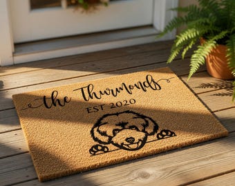 Personalized Goldendoodle Doormat, Custom Family Name Welcome Mat, Housewarming Gift, New Home Present, Funny Dog Lover Door Mat