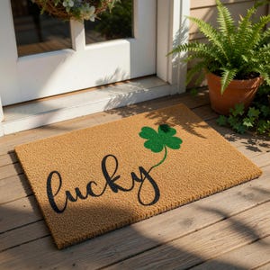 Lucky Doormat, Coir Welcome Mat, St Patricks Day Front Door Mat, Four Leaf Clover Outdoor Doormats, Funny Irish Entryway Rug Decor