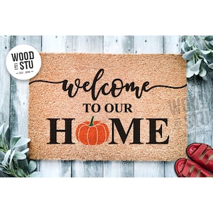 Doormat Welcome To Our Home Pumpkin  | Autumn Rustic Fall Doormat | Welcome Mat Decor | Farmhouse Door Mat | Fall Autumn Gift | Home 1563**