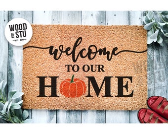 Doormat Welcome To Our Home Pumpkin  | Autumn Rustic Fall Doormat | Welcome Mat Decor | Farmhouse Door Mat | Fall Autumn Gift | Home 1563**