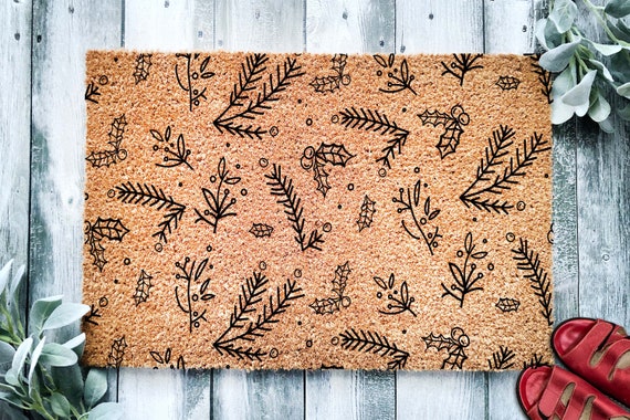 Holly Branches Pattern Door Mat Winter Doormat Welcome Mat 