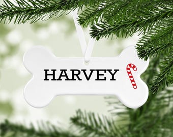 Personalized Dog Bone Christmas Ornament with Pet Name, Ceramic Holiday Tree Decoration