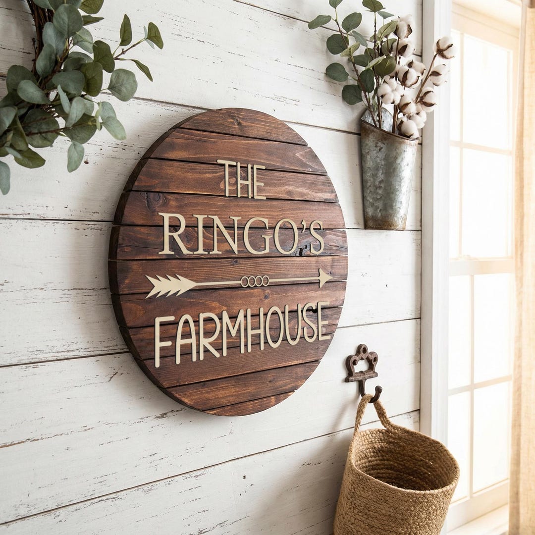 Personalized Round Farmhouse Sign | Custom Family Name Wood Decor - Etsy