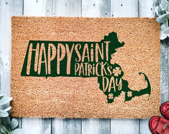 Happy St. Patrick's Day Massachusetts Doormat | Boston Saint Paddys Day Housewarming Gift | Custom Doormat Closing Gift | Welcome Doormat