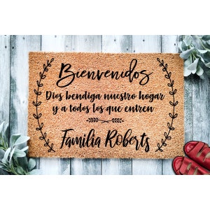 Custom Doormat Bienvenidos  May God Bless Our Home  Welcome Mat Personalized Doormat Housewarming Gift Front Door Mat Closing Gift 1024