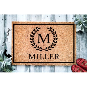 Custom Doormat Monogram Wreath Family Name Wedding Gift Personalized Doormat Closing Gift Welcome Mat Door Mat Rug Monogram 1012