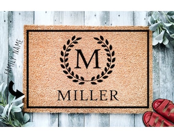 Custom Doormat Monogram Wreath Family Name Wedding Gift Personalized Doormat Closing Gift Welcome Mat Door Mat Rug Monogram 1012