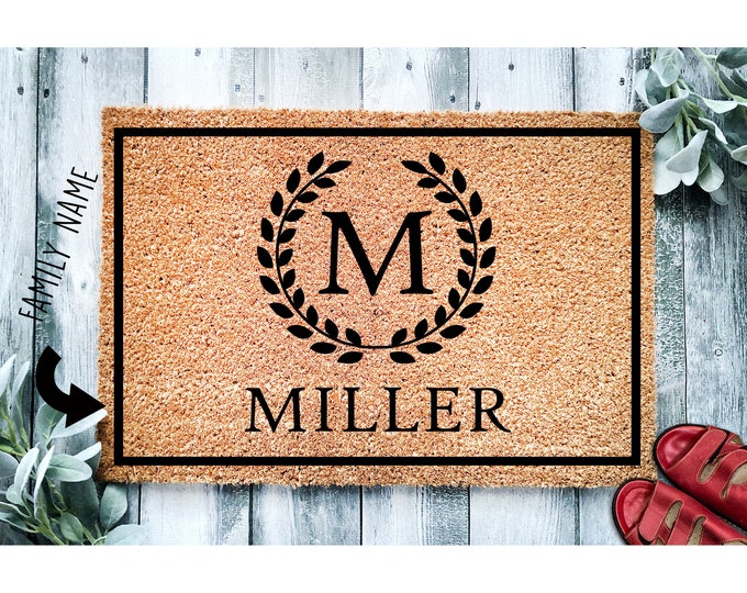 Custom Doormat Monogram Wreath Family Name Wedding Gift Personalized Doormat Closing Gift Welcome Mat Door Mat Rug Monogram 1012