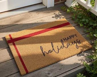 Holiday Doormat, Christmas Doormat, Happy Holidays Welcome Mat, Coir Door Mat, Winter Christmas Gift, Front Porch Decor, Doormats