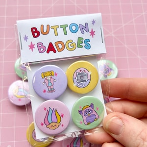 90s Nostalgia Button Badge Set - Badges - 90s Kid - Toys - Furby - Polly - Cute - Fun - Trinket Collector - Colourful - Lanyard - Kellylou