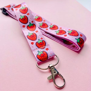 Strawberry Cuties : Polyester Lanyard - Safety Breakaway - Work ID - College - Uni - School - Keys - Pink - Kawaii
