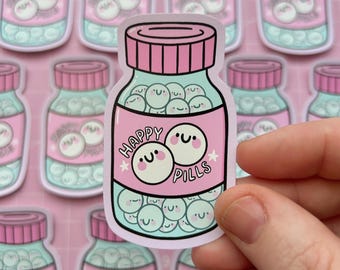 Happy Pills Waterproof Vinyl Sticker - Pastels - Kawaii - Mental Health - Positivity - Chronic Illness - Pain - Tablets
