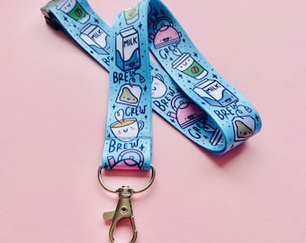 Brew Crew Lanyard - Tea & Coffee - Tea Gifts - Fob - Work - College - Uni - Id Badge - Pin Collection - School - Keys - Keychain - Kellylou