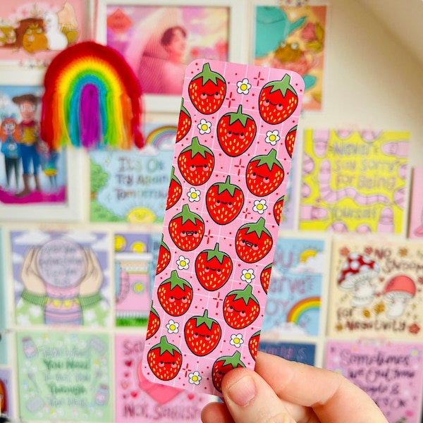 Marque-page fraises mignons petits fruits - printemps - été - pique-nique - mignon - rose - pastel - cadeaux livresques - Kawaii - Kellylou - lecture - rat de bibliothèque
