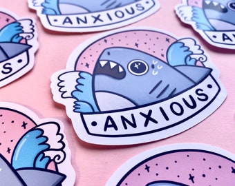 Anxious Shark Glossy Sticker - Shark - Positivity - Mental Health - Anxiety - Scrapbooking - Journalling - Planner - Notebook - Kellylou Sad