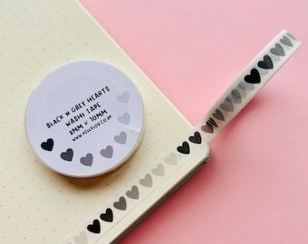 Black & Grey Hearts Slim Washi Tape - Monocromo - Emo - Papelería Linda - Diario - Álbum de Recortes - Planificador - Papelería Kawaii - Kellylou