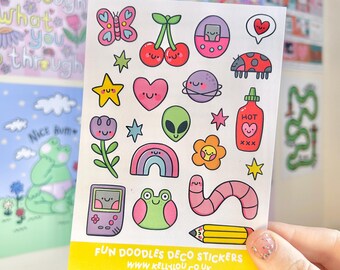 Fun Doodles : Deco Paper Sticker Sheet - Junk Journal - Planner - Colourful - Doodle - Random - Animals - Food