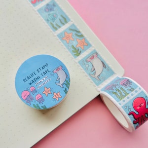 Fita adesiva washi com carimbo Sealife - Tubarões - Peixes - Oceano - Cartas - Correio tradicional - Planejador - Papelaria fofa - Diário - Álbum de recortes - Kellylou