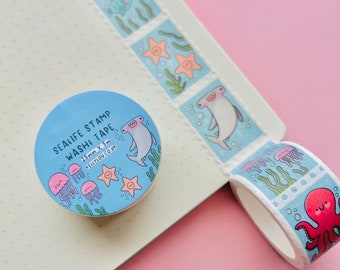 Sealife Stamp Washi Tape - Tiburones - Peces - Océano - Cartas - Correo Caracol - Planificador - Papelería Linda - Diario - Álbum de Recortes - Kellylou