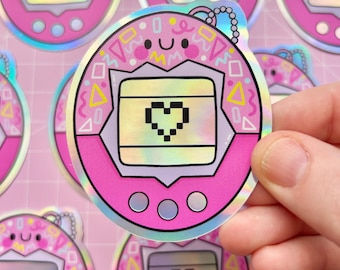 90s Virtueller Haustier Regenbogen Holographischer Aufkleber - Wasserdichtes Vinyl - Nostalgie - Aufkleber - Kawaii - Rosa - Retro Spielzeug