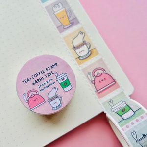 Fita adesiva washi para chá e café - Bebidas - Washi temático - Cartas - Correio tradicional - Planejador - Papelaria fofa - Diário - Álbum de recortes - Kellylou
