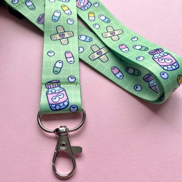 Happy Pills Lanyard - Médicament - Spoonie - Maladie chronique - Santé mentale - Travail - Collège - Université - Badge d'identité - École - Clés - Kellylou