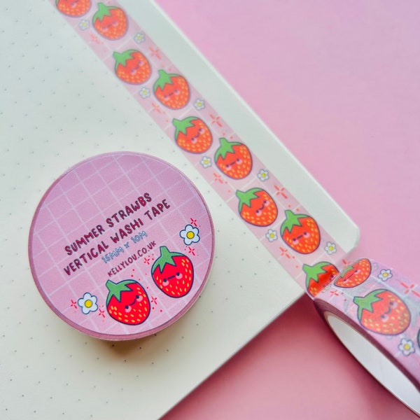 Summer Strawbs Vertical Washi Tape - Strawberries - Food - Cute - Pink Stationery - Fruits - Snail Mail - Journalling - Scrapbook - Kellylou