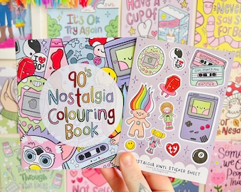 90s Nostalgia Colouring Book & Sticker Sheet - Mindfulness - Adult Colouring - Kawaii - 1990s - Nostalgic - Hobbies - Toys