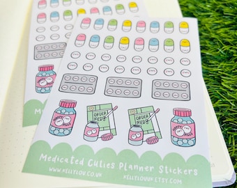 Medicated Cuties : Paper Stickers Sheet - Planner - Junk Journal - Scrapbooks - Meds - Chronic - Medication Reminder - Kawaii